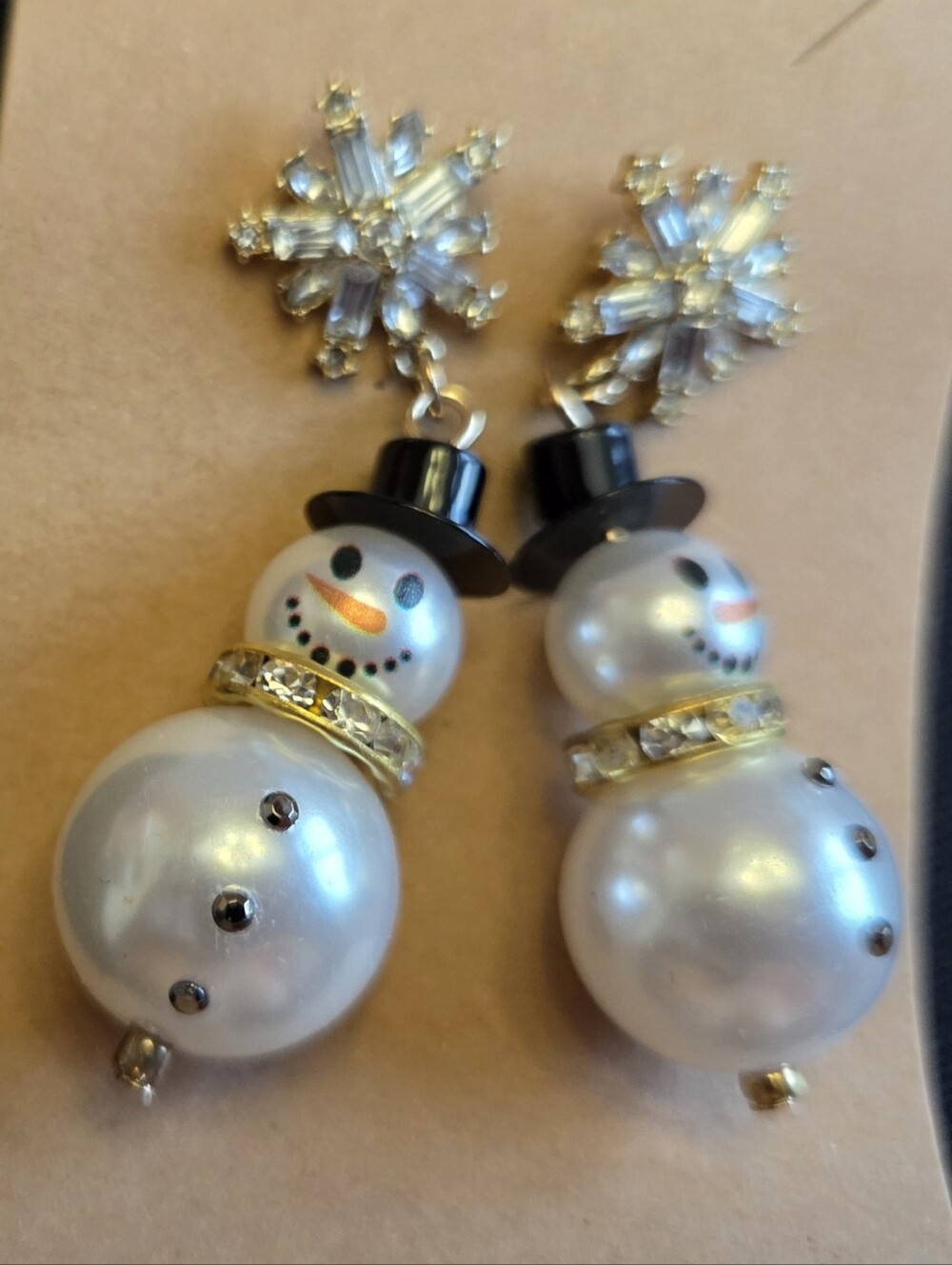 Pearl White Snowman Drop Earrings with Gold Accents